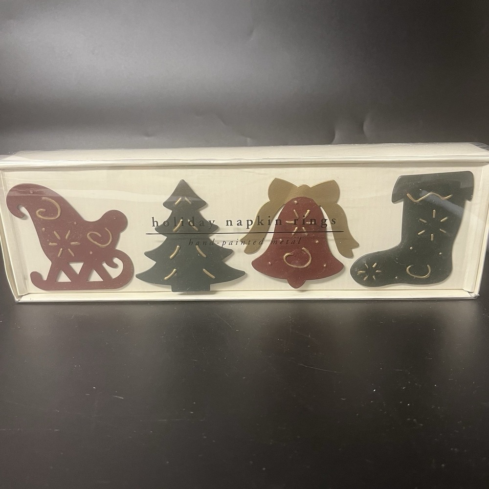 Pier 1 Imports Christmas Holiday Napkin Rings Hand Painted Metal Set of 4 Sleigh